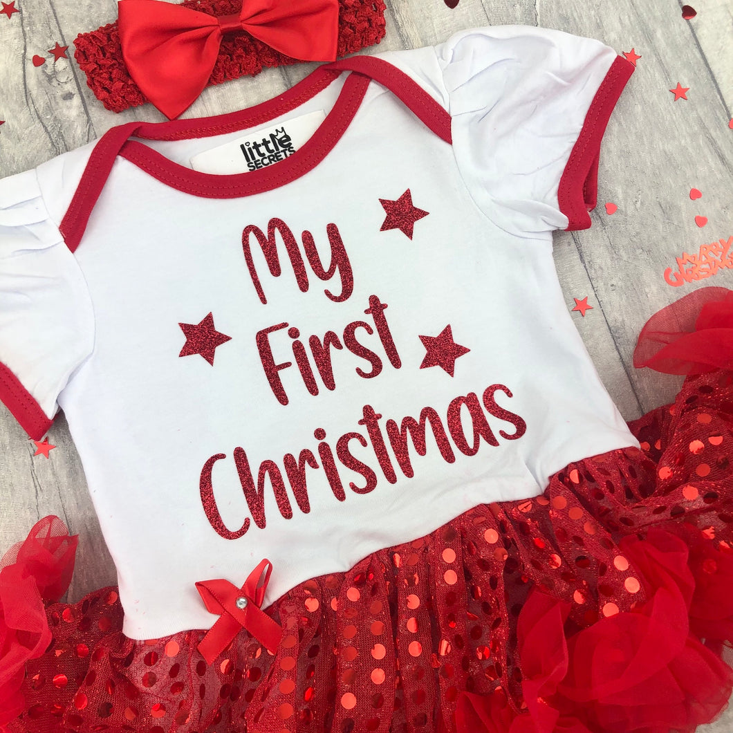 My 1st Christmas, Baby Girl Red and White Sequin Tutu Romper