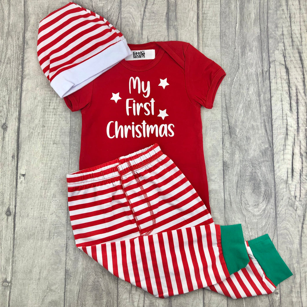 Baby My First Christmas Set, Red Romper With Pants and Hat
