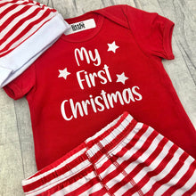 Load image into Gallery viewer, Baby My First Christmas Set, Red Romper With Pants and Hat
