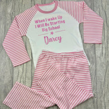 Load image into Gallery viewer, Personalised When I Wake Up It Will Be Starting... Pyjamas, Red, Pink, or Blue Striped Pjs - Little Secrets Clothing
