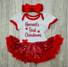 Load image into Gallery viewer, Baby Girls First Christmas Personalised Red Tutu Romper &amp; Bow Headband - Little Secrets Clothing
