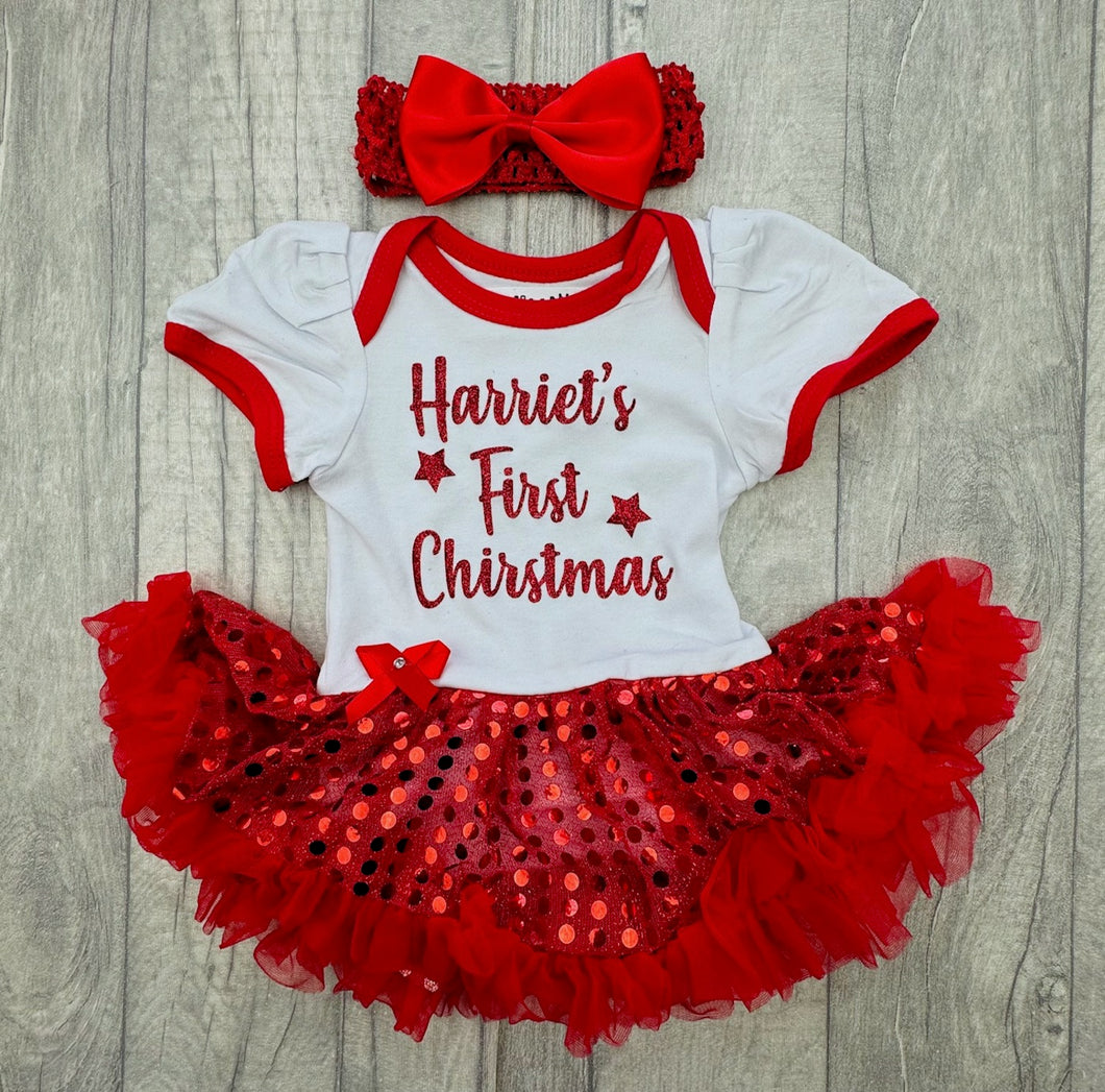 Baby Girls First Christmas Personalised Red Tutu Romper & Bow Headband - Little Secrets Clothing