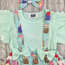 Load image into Gallery viewer, Personalised Baby Girl Summer Outfit, Ice Cream Braced Bloomer &amp; T-Shirt Set
