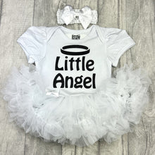 Load image into Gallery viewer, Baby girls white tutu romper with matching bow headband above. The tutu romper features black glitter lettering saying Little Angel, with Halo design above.
