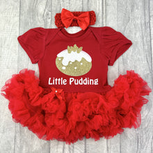 Load image into Gallery viewer, baby girls red tutu romper with bow headband above. Tutu romper features gold and white glitter christmas pudding design with text underneath saying Little Pudding
