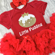 Load image into Gallery viewer, baby girls red tutu romper with bow headband above. Tutu romper features gold and white glitter christmas pudding design with text underneath saying Little Pudding
