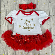 Load image into Gallery viewer, Baby Girls First Christmas, Red &amp; White Sequin Tutu Romper With Luxury Knee High Socks and Bow Headband,
