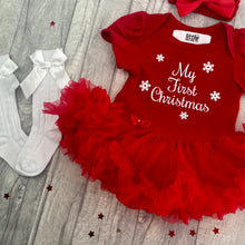 Load image into Gallery viewer, My First Christmas Baby Girl Red Tutu Romper With Bow Headband, White Glitter Snowflakes
