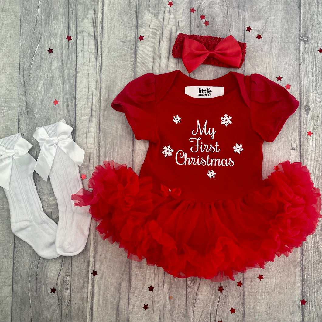 My First Christmas Baby Girl Red Tutu Romper With Bow Headband, White Glitter Snowflakes