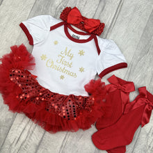 Load image into Gallery viewer, Baby Girls First Christmas, Red &amp; White Sequin Tutu Romper With Luxury Knee High Socks and Bow Headband,
