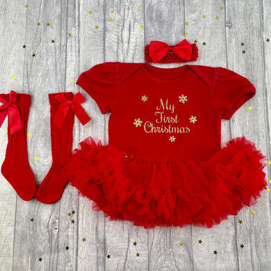 Baby Girls First Christmas, Red Christmas Tutu Romper With Luxury Red Knee High Socks and Matching Bow Headband, Gold Glitter Design