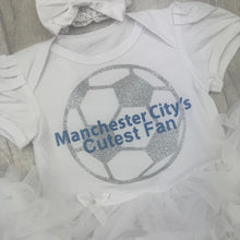 Load image into Gallery viewer, Baby outfit with &#39;Manchester City&#39;s Cutest Fan&#39; text on and silver football design.
