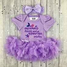 Load image into Gallery viewer, Mermaid Kisses And Starfish Wishes Baby Girl Light Purple Tutu Romper With Headband
