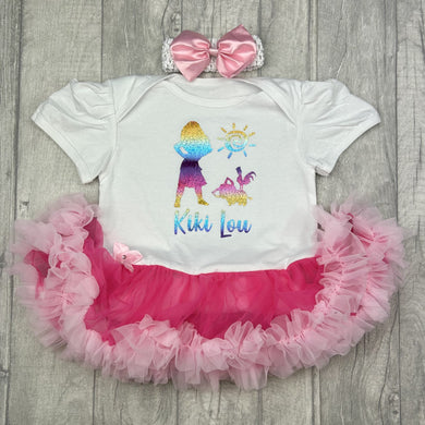 Personalised Baby Girls Disney Moana Tutu Romper with Headband - white with pink tutu.