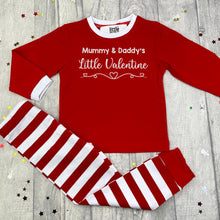 Load image into Gallery viewer, Red and White striped long sleeve Pyjama Set. The top features white glitter love heart design and lettering saying Mummy &amp; Daddy&#39;s Little Valentine 
