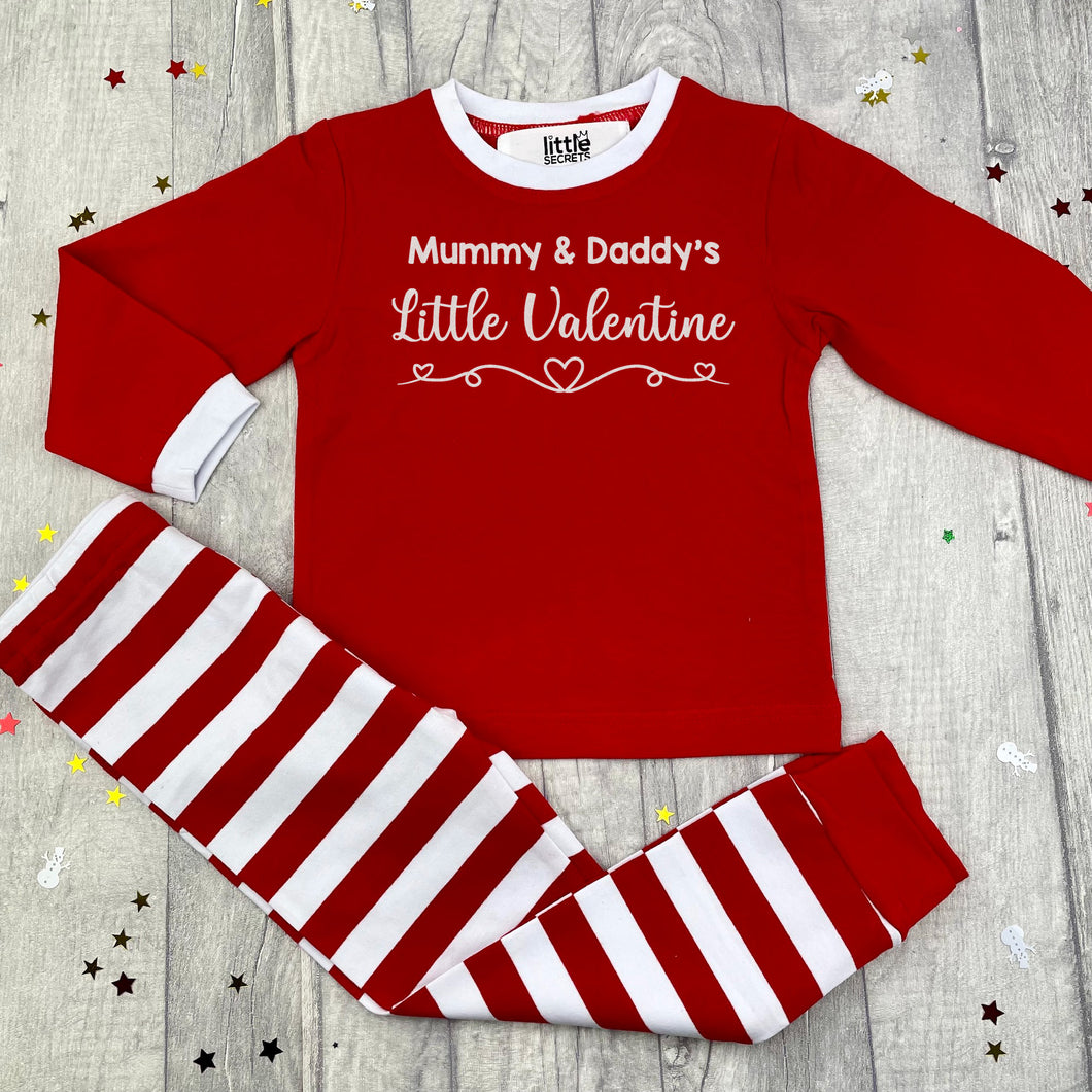 Red and White striped long sleeve Pyjama Set. The top features white glitter love heart design and lettering saying Mummy & Daddy's Little Valentine 