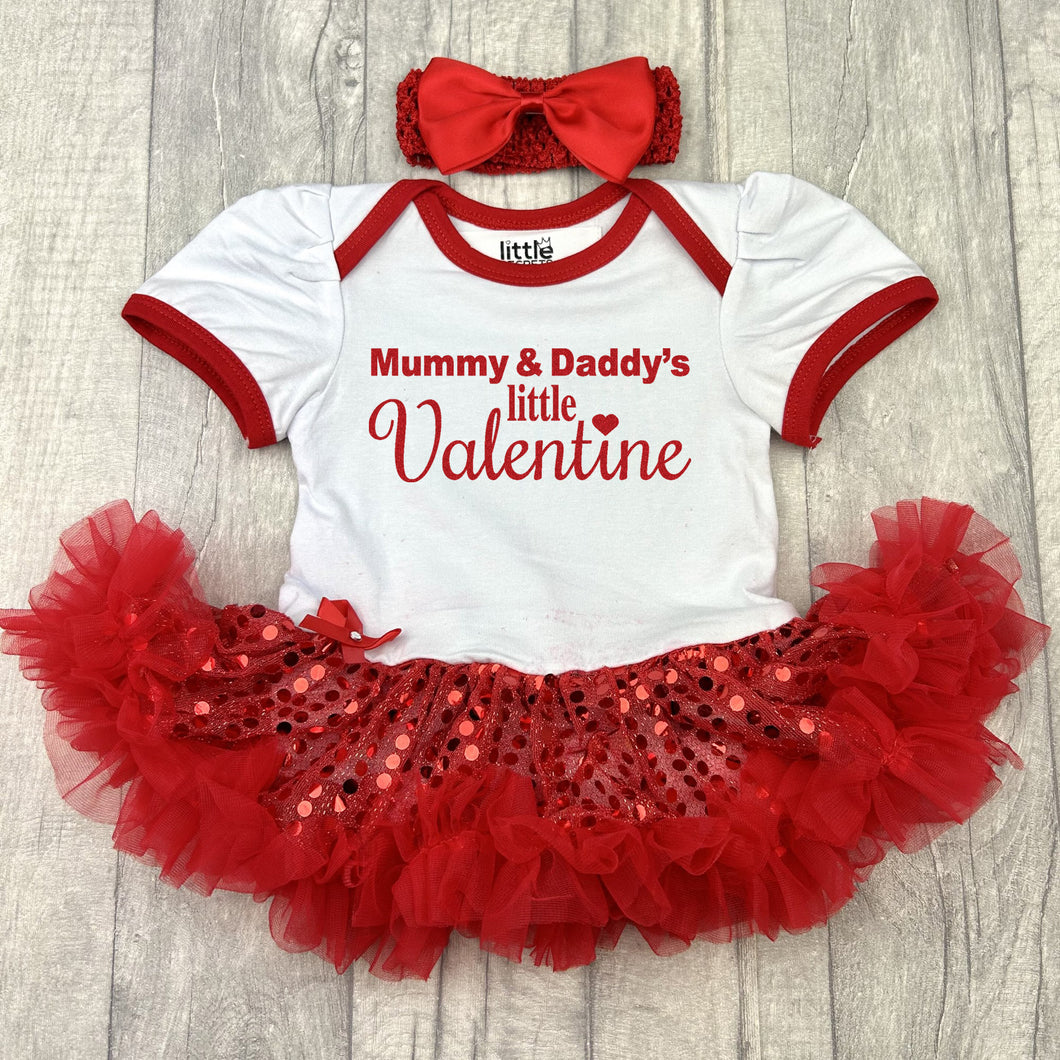 Mummy and Daddy's Little Valentine Baby Girl Tutu Romper With Bow Headband, Red Glitter