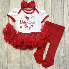 Load image into Gallery viewer, My 1st Valentine&#39;s Day Baby Girl Sequin Tutu Romper Set, Headband and Red Tights
