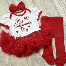 Load image into Gallery viewer, My 1st Valentine&#39;s Day Baby Girl Sequin Tutu Romper Set, Headband and Red Tights
