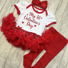 Load image into Gallery viewer, My 1st Valentine&#39;s Day Baby Girl Sequin Tutu Romper Set, Headband and Red Tights
