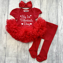 Load image into Gallery viewer, My 1st Valentine&#39;s Day Baby Girl Red Tutu Romper Set, Headband and Red Tights
