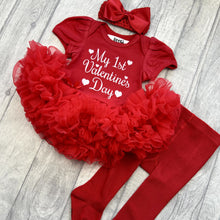 Load image into Gallery viewer, My 1st Valentine&#39;s Day Baby Girl Red Tutu Romper Set, Headband and Red Tights
