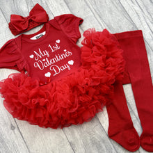 Load image into Gallery viewer, My 1st Valentine&#39;s Day Baby Girl Red Tutu Romper Set, Headband and Red Tights
