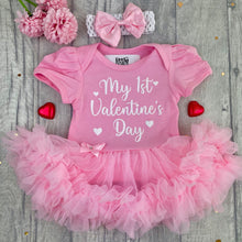 Load image into Gallery viewer, Baby Girls 1st Valentine's Day Dress, Newborn Red Tutu Romper with Bow Headband, White Love Hearts
