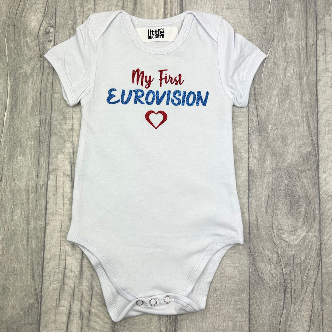 Newborn short sleeve bodysuit white romper featuring red and blue lettering design saying My First Eurovision
