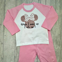 Load image into Gallery viewer, Pink and White Pyjama Set. The top features Rose Gold Minnie Mouse design and Black glitter lettering saying When I wake up I will be 1
