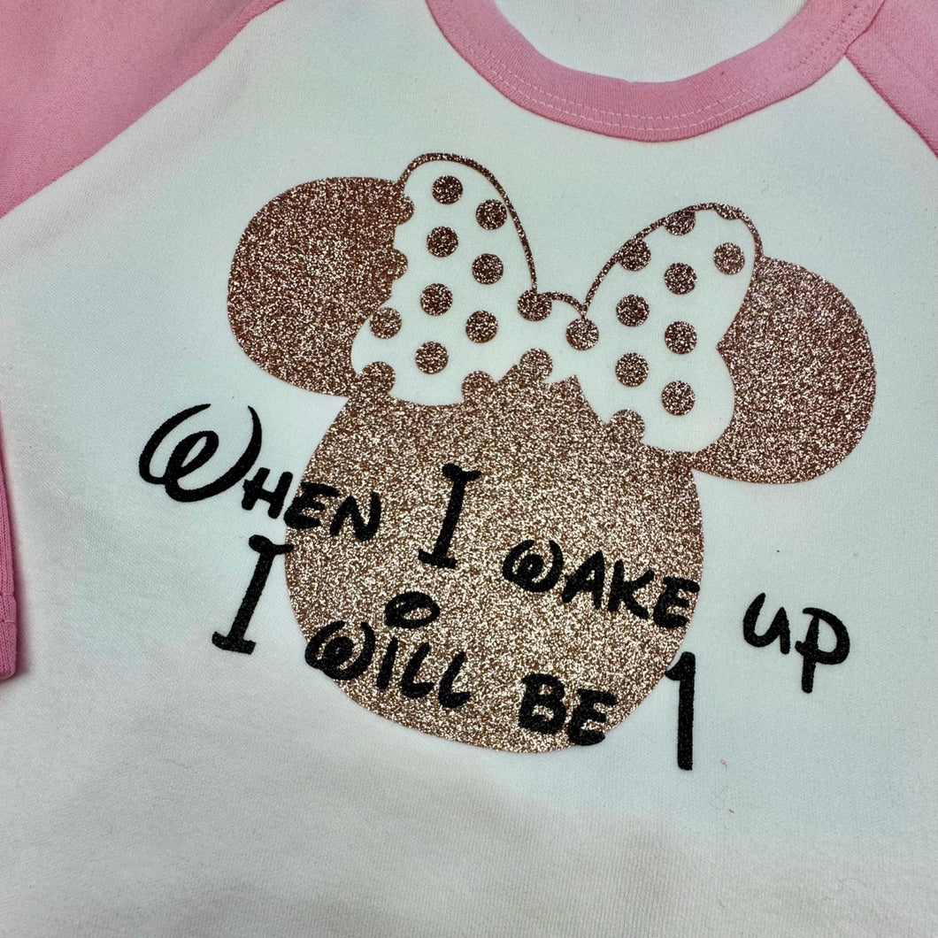 Rose Gold Minnie Mouse design and Black glitter lettering saying When I wake up I will be 1