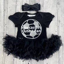 Load image into Gallery viewer, Baby Girls Newcastle&#39;s Cutest Fan Football black Tutu Romper featuring a silver football design with white text and black matching headband with clip bow
