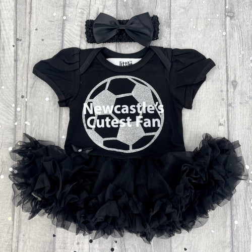 Baby Girls Newcastle's Cutest Fan Football black Tutu Romper featuring a silver football design with white text and black matching headband with clip bow