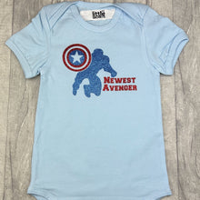 Load image into Gallery viewer, &#39;Newest Avenger&#39; Captain America Newborn Baby Boy Short Sleeve Blue Romper, Marvel Superhero
