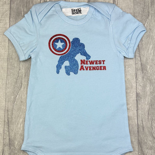 'Newest Avenger' Captain America Newborn Baby Boy Short Sleeve Blue Romper, Marvel Superhero