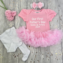 Load image into Gallery viewer, Personalised First Father&#39;s Day Pink Tutu Romper Outfit Set White Tights
