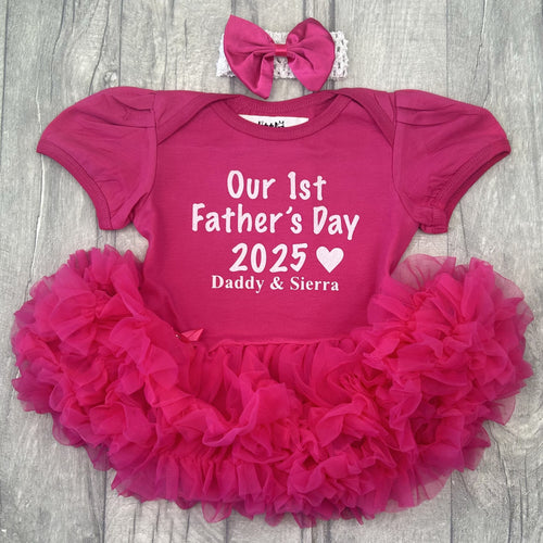 Baby girls short sleeve dark pink tutu romper with bow headband above. The tutu romper features a white glitter lettering design saying Our 1st Father's Day 2025 Daddy & Daughter's Name.