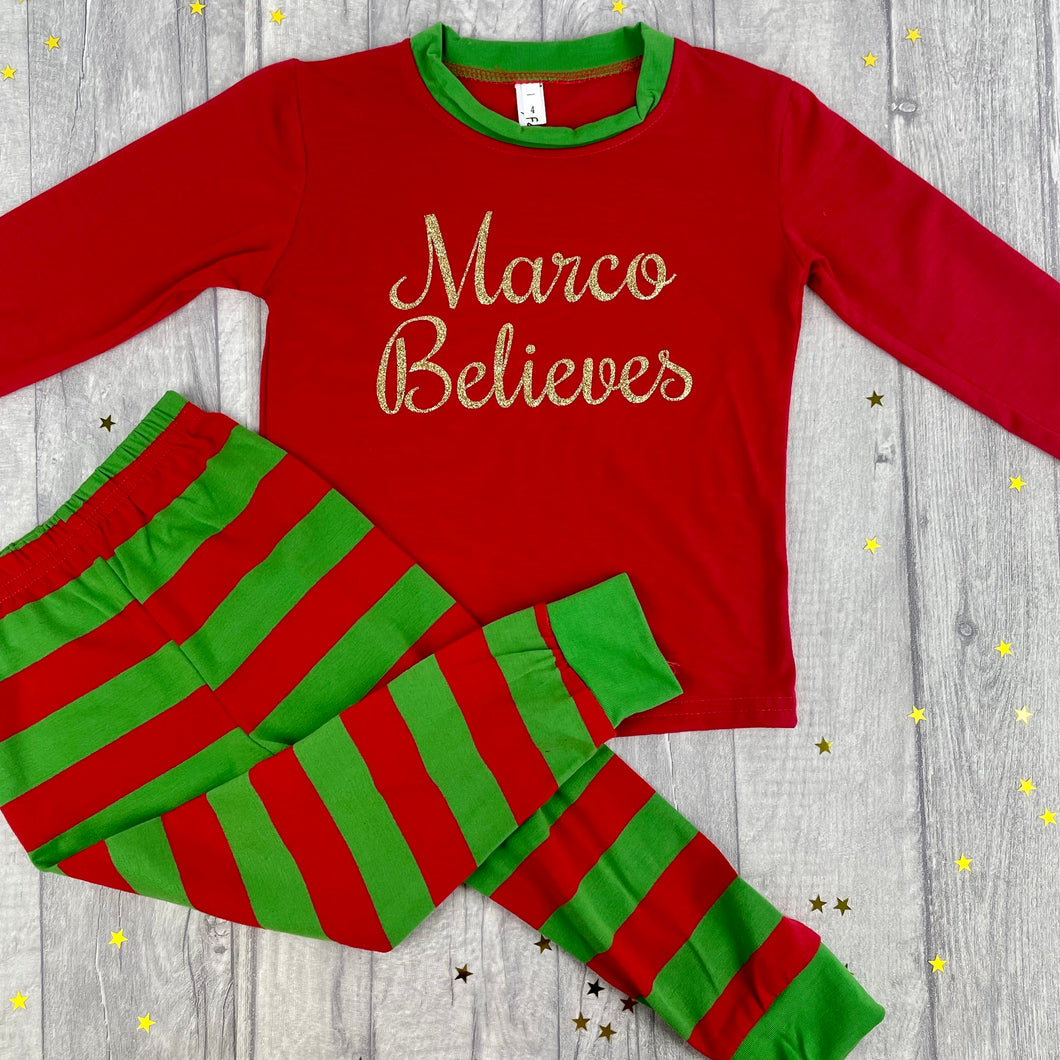 Personalised Girls & Boys Believes Christmas Pyjamas, Red And Green Stripe