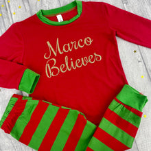 Load image into Gallery viewer, Personalised Girls &amp; Boys Believes Christmas Pyjamas, Red And Green Stripe
