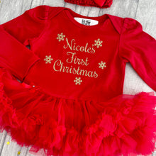 Load image into Gallery viewer, Baby Girls First Christmas Personalised Red Tutu Romper &amp; Bow Headband, Gold Glitter Snowflakes Design
