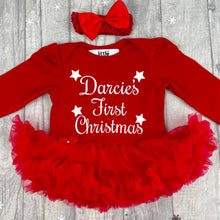 Load image into Gallery viewer, First Christmas Personalised Baby Girl Tutu Romper With Matching Bow Headband, Stars
