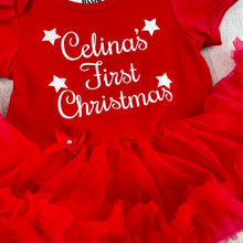 Load image into Gallery viewer, &#39;First Christmas&#39; Personalised Baby Girl Tutu Romper With Matching Bow Headband, Stars
