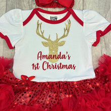 Load image into Gallery viewer, Personalised 1st Christmas Sequin Dress, Baby Girls Reindeer Tutu Romper With Headband
