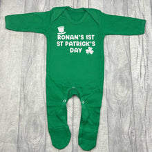 Load image into Gallery viewer, Personalised 1st Patrick&#39;s Day Green Sleepsuit, Baby Boy&#39;s Irish Romper
