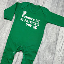 Load image into Gallery viewer, Personalised 1st Patrick&#39;s Day Green Sleepsuit, Baby Boy&#39;s Irish Romper
