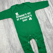 Load image into Gallery viewer, Personalised 1st Patrick&#39;s Day Green Sleepsuit, Baby Boy&#39;s Irish Romper
