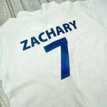 Load image into Gallery viewer, Personalised England Football Baby Sleepsuit - Back Personalised Name &amp; Number
