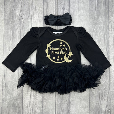 Baby Girls Personalised First Eid Black Tutu Romper - Little Secrets Clothing