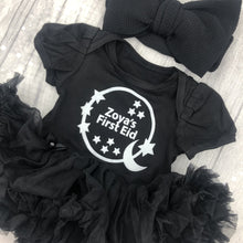 Load image into Gallery viewer, Personalised First Eid Black Tutu Romper &amp; Oversized Bow Headband Set
