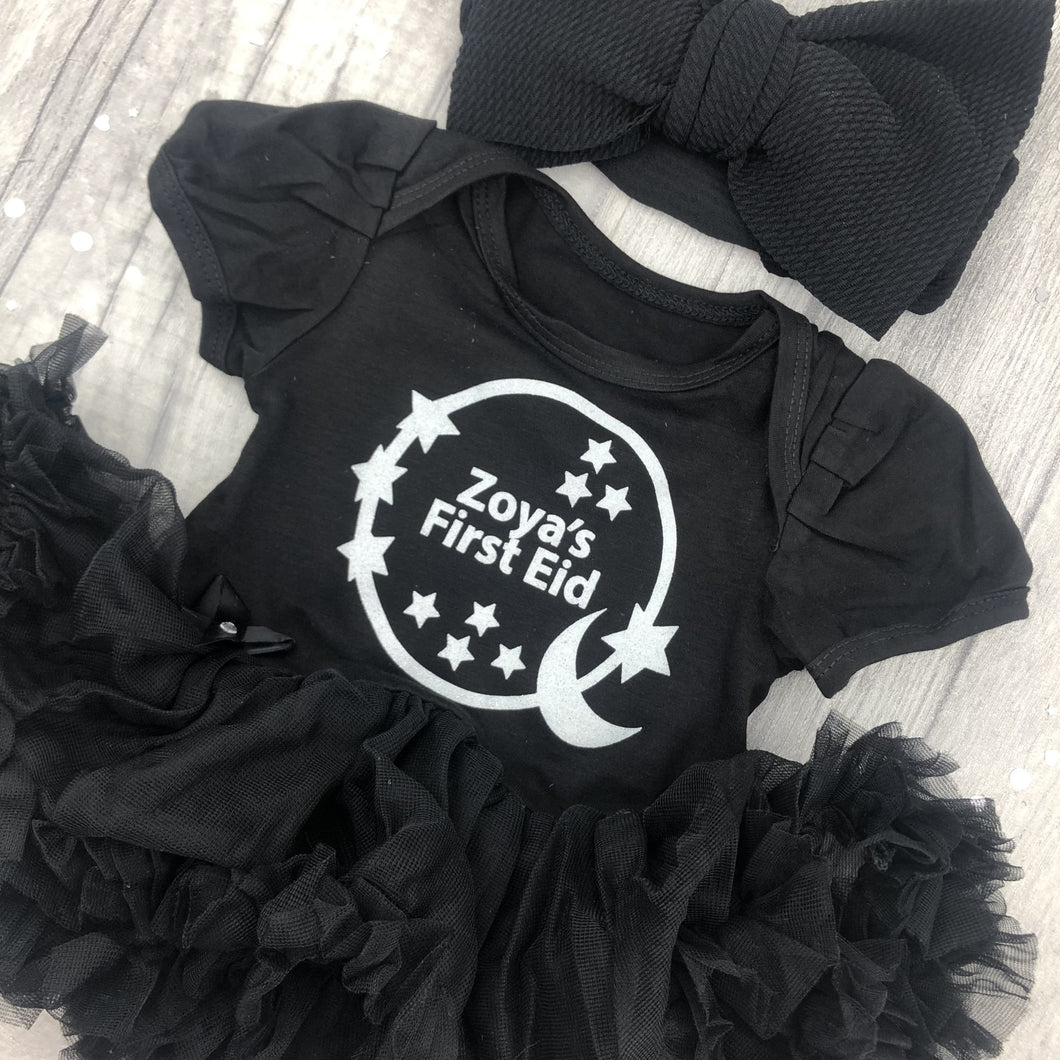 Personalised First Eid Black Tutu Romper & Oversized Bow Headband Set